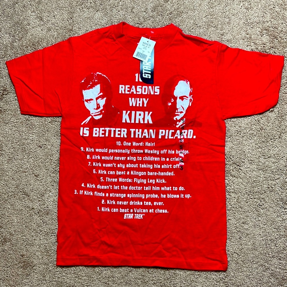 Star Trek, graphic Red T-Shirt in mens size small. 10 reasons why Kirk is better